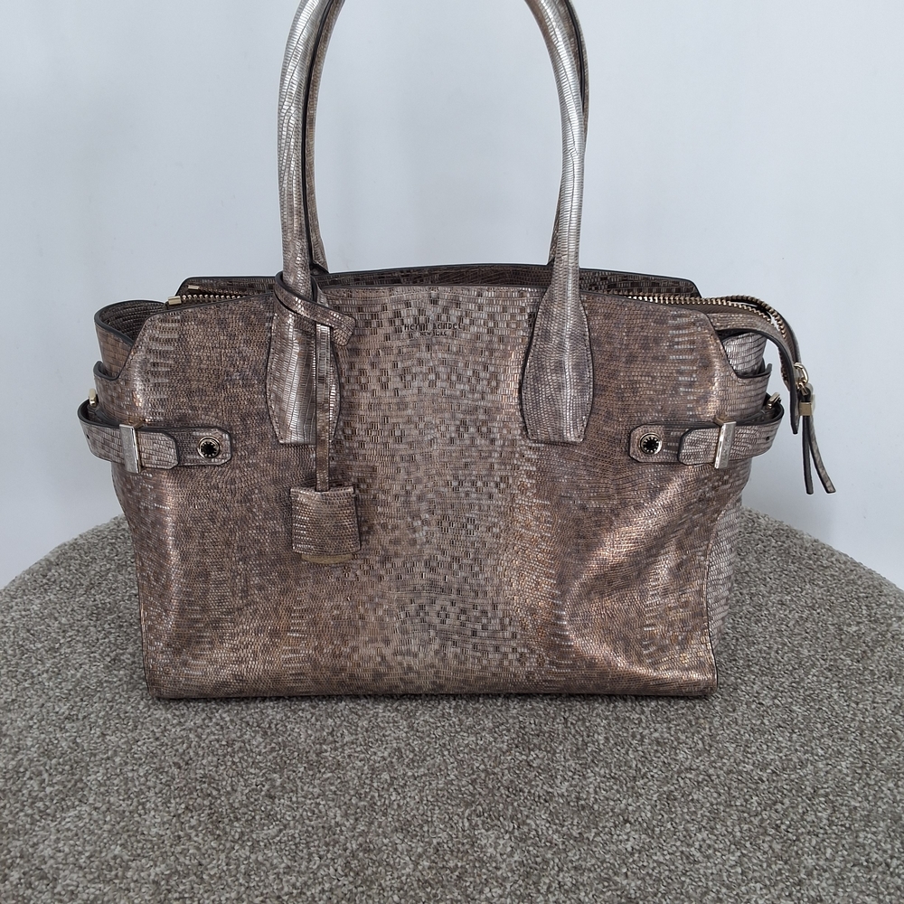 HENRY BENDEL Copper Brown Metallic Large Lizard Print Carlyle Tote - Picture 2 of 9